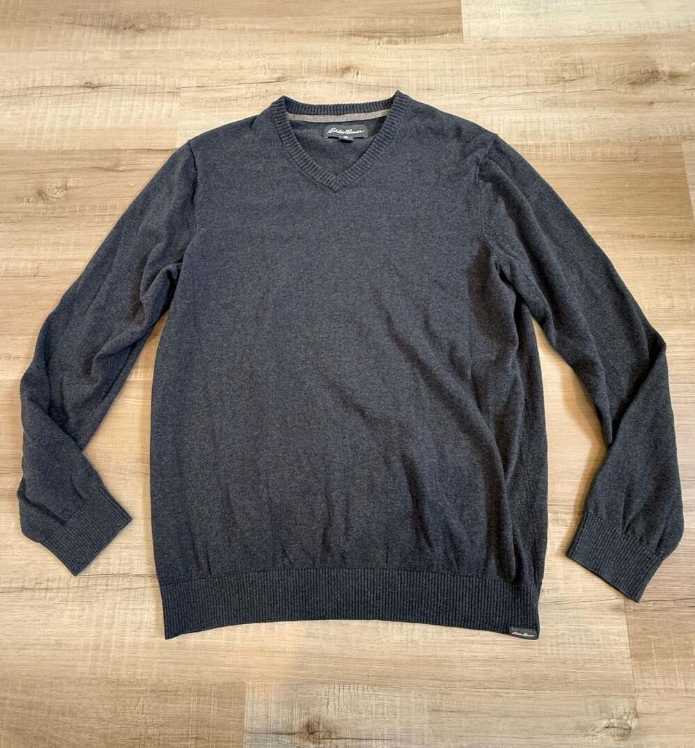 Eddie Bauer XL Gray V-Neck Knit Cotton Wool Pullover Sweater
